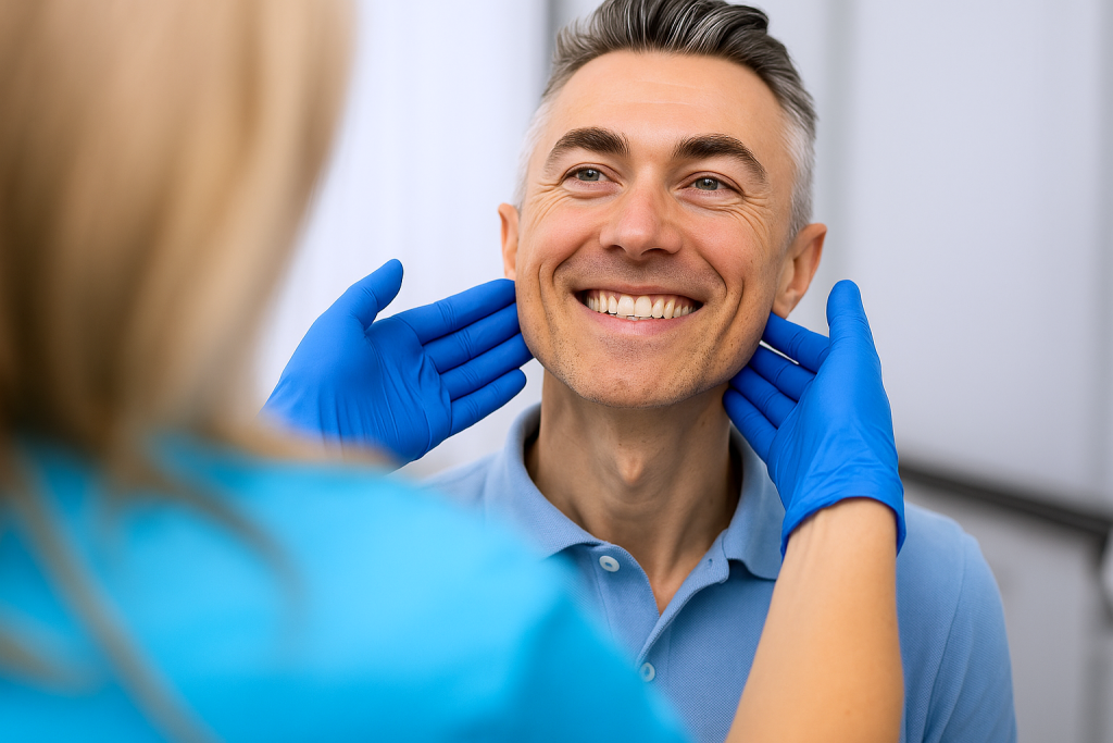 Un hombre sonriente es examinado suavemente del cuello por un odontólogo en una clínica dental de Moratalaz, mostrando ambos atención y profesionalidad. de Hospital Dental de Moratalaz "Martínez y Morcuende"